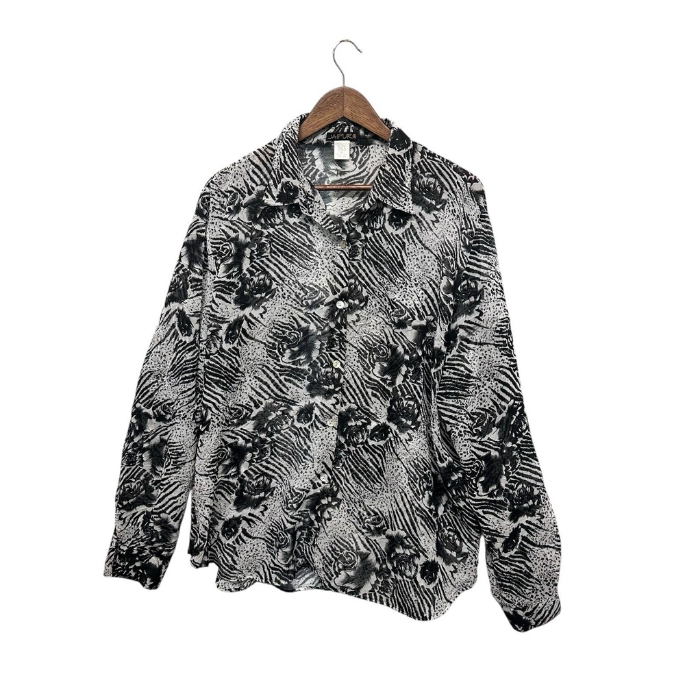 Womens Tunic Top Sz XL Floral Button Up Sheer Long Sleeve Crinkle Office Popover
